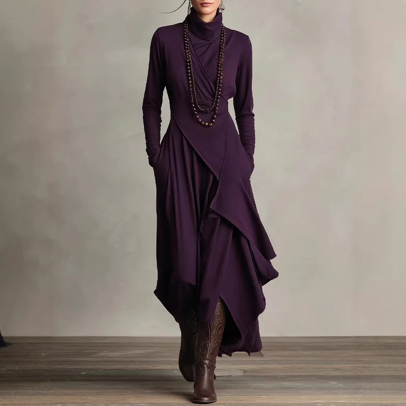 European Size Women's Clothing Amazon Independent Site Spring and Autumn Solid Color Long-Sleeve Cross High-Neck Light Luxury Slimming Versatile Dress