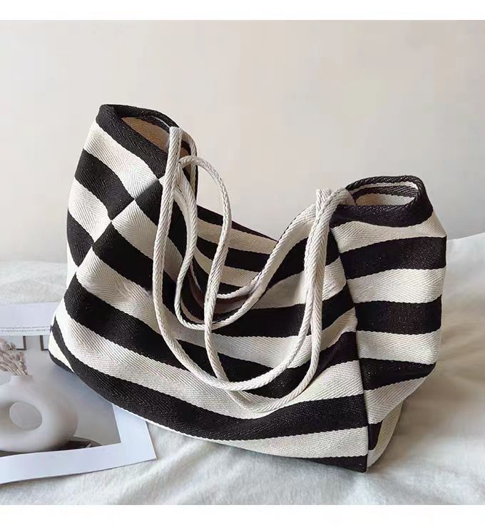 Contrast Stripe Canvas Tote Bag, Large Capacity Shoulder Bag_voghion.com