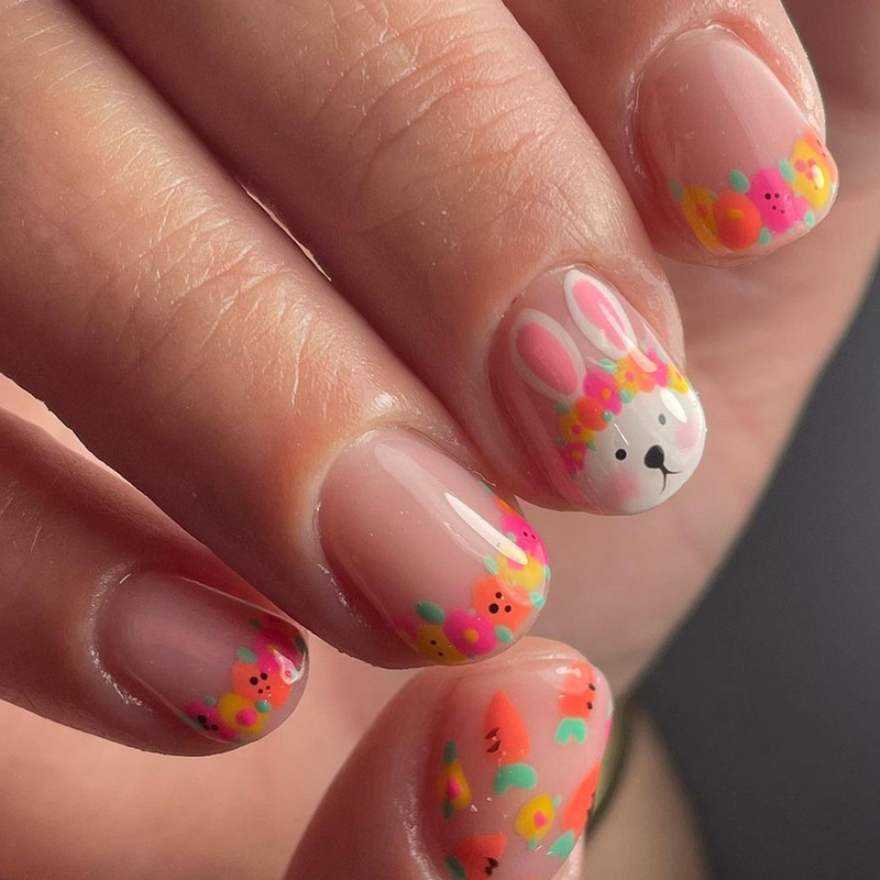 Short square nail Garland cute pink rabbit carrot cross-border nail beauty piece wear nail detachable manicure Short square nail Garland cute pink rabbit carrot cross-border nail beauty piece wear nail detachable manicure