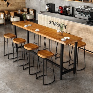 Combination Dessert Shop Wall-Mounted Bar Table High Bar Table and Chairs Nordic Iron Solid Wood Long Table Bar Milk Tea Shop