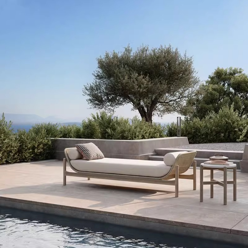 Madera sólida nórdica al aire libre ocio de caña anticorrosivo sofá de madera impermeable y solar patio modelo de casa de muebles de teca combinación