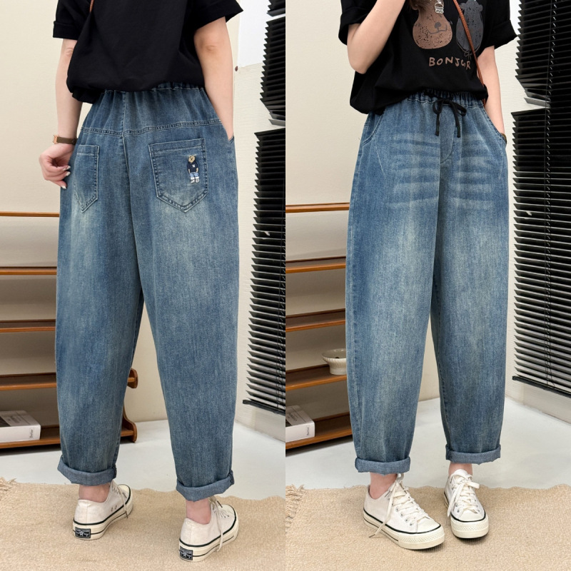 文学レトロ花刺繍ストレッチジーンズ女性の春夏の新しいルーズプラスサイズスリム多用途ハーレムパンツ|undefined