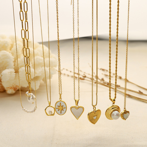 Korean style simple love shell pearl necklace that does not fade, female niche high-end sense 18k gold plated clavicle chain necklace