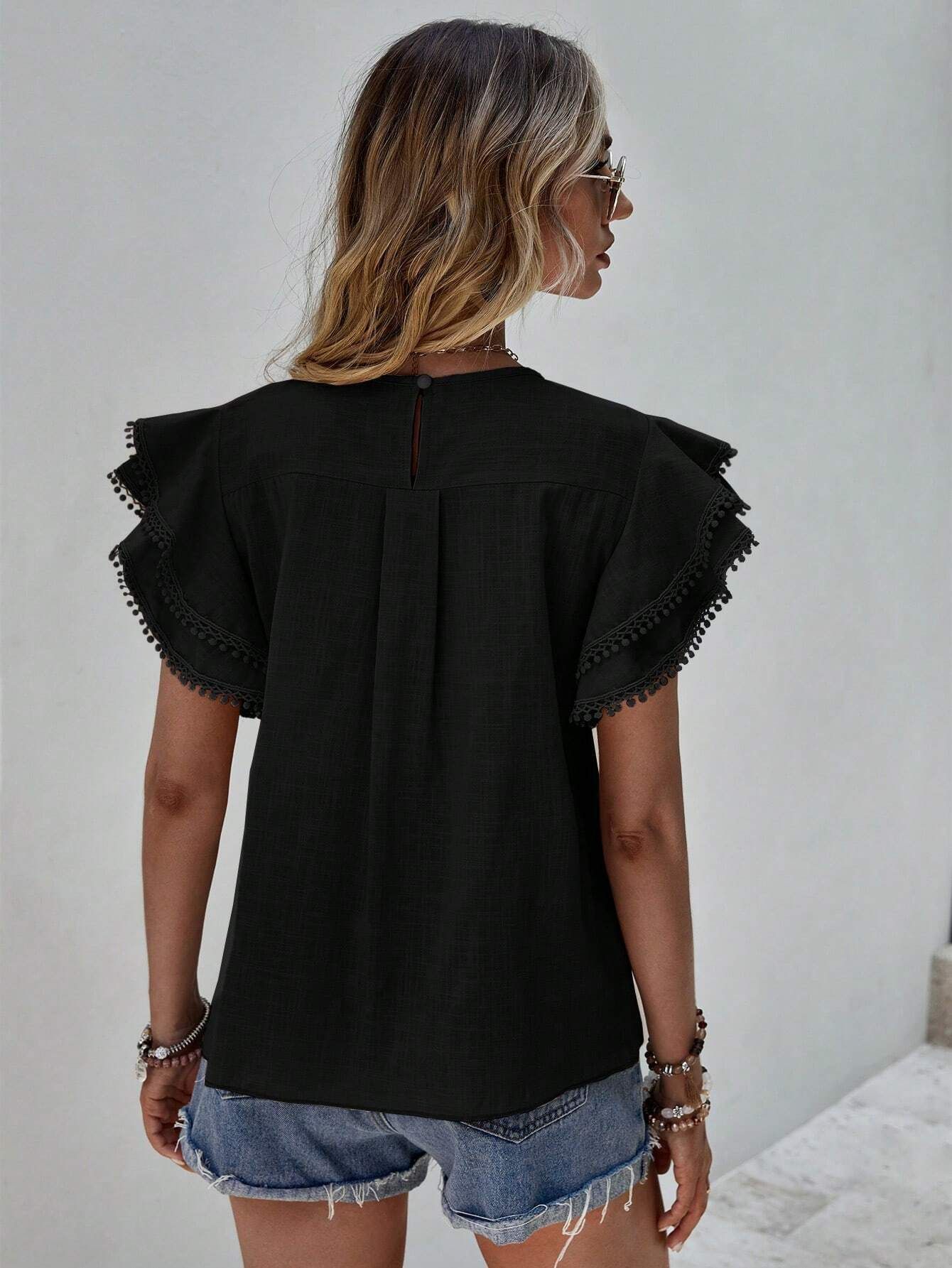 238g Weight Short Sleeve Sleeve Length Pullovers Placket Type Flounce Sleeve Sleeve Type Polyester Fabric Type Regular Top Length T-shirt Tops Type Holiday, Daily Occasion Round Neck Neckline Loose Fit Type Solid Color Pattern Summer Season Women's Gender Button Design Casual, Elegant Style Wholesale Women's Casual Elegant Solid Color Short Sleeve Button Blouses 20