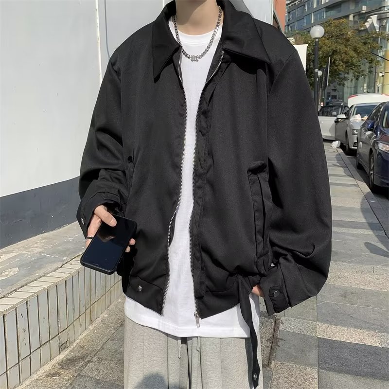 Chaqueta de trabajo retro de calle suelta con cuello alto japonés para hombre, chaqueta superior con cremallera de diseño chic de primavera y otoño