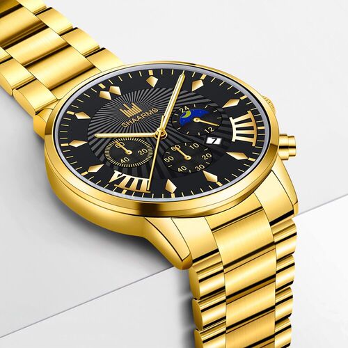 Cross-border new minimalist scale fashionable three-eye business watch for men, steel strap, non-mechanical casual calendar men's watch