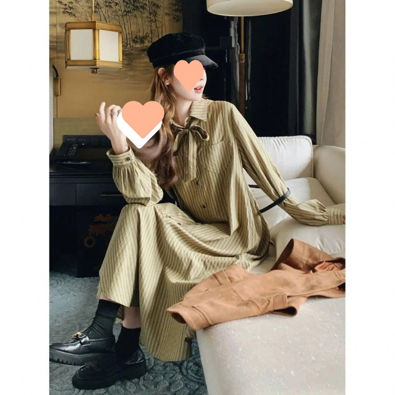 开春穿搭一整套2025春季新款长袖条纹衬衫连衣裙套装女马甲两件套|undefined