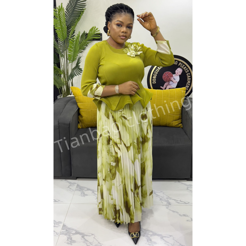 Tianbao miyake cross-border wholesale new printed applique random pleated temperament plus size women's skirt set