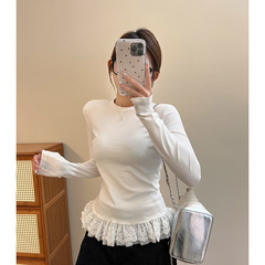 白色芭蕾风下摆蕾丝花边长袖T恤女春季中长款打底衫叠穿内搭上衣