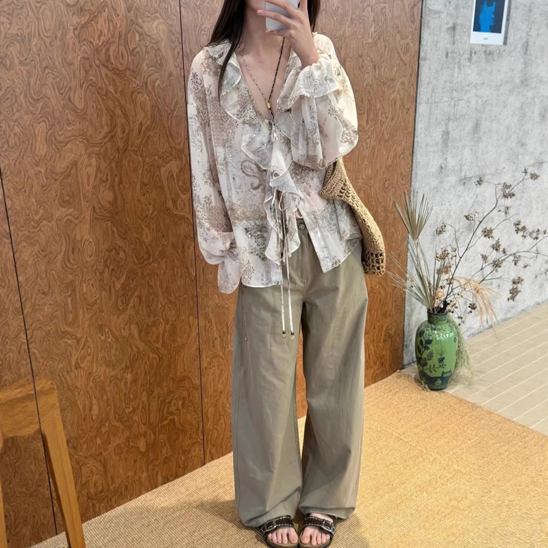 Vl Designer Brand 26 Spring New Ruffled Tie-Up Shirt Niche Design Versatile Chiffon Long-Sleeve Top Vl Designer Brand 26 Spring New Ruffled Tie-Up Shirt Niche Design Versatile Chiffon Long-Sleeve Top