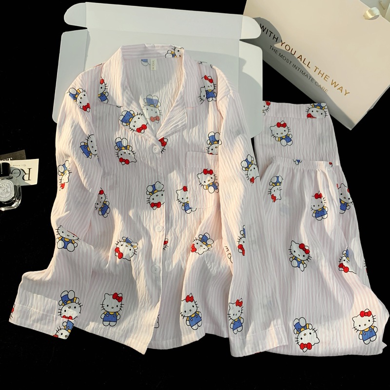 卡通可爱条纹睡衣女云朵棉春秋季新款长袖长裤休闲宽松家居服套装|undefined