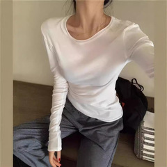 微透モーデール垂れ下がった感じの大きい白い体のtシャツの女性の長袖の春と秋の基礎の金の修身の巻きの縁の底のシャツの薄い上着