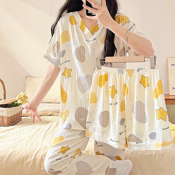Cross-border Explosions V-neck Pajamas Women's Cloud Cotton Three-piece Summer Short-sleeved Shorts Trousers Cartoon Home Clothes suit