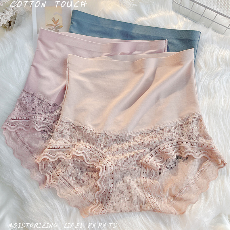 2022 New Small Waist Belly Controlling High Waist Hip Lifting Women's Underwear Pure Cotton Crotch Lace Trimmed Shaping Pants Light Shaping