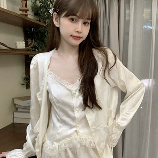 春夏季新款冰丝睡衣女长袖国风三件套居家可外穿家居服套装带胸垫