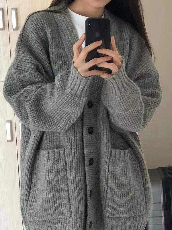 灰色中长款毛衣外套女秋秋外搭外穿慵懒复古奶系穿搭秋冬针织开衫|undefined