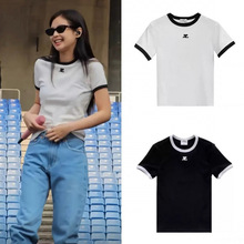 沈梦辰jennie同款韩国刺绣logo拼色短款修身短袖T恤小香风上衣女