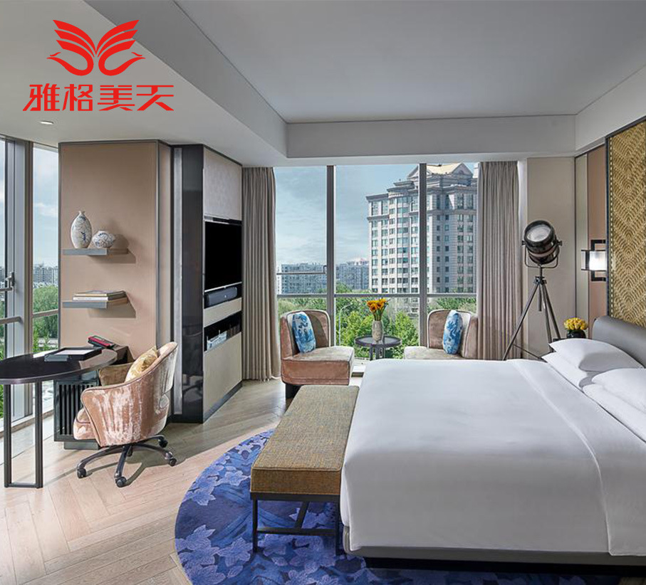 Hotel room standard room solid wood bed full set hotel furniture wood veneer bedside table TV cabinet table and chair manufacturer