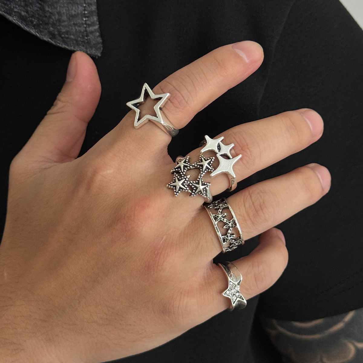 Exaggerated and Unique European and American Style Pentagram Ring Set for Men, Trendy and Sophisticated Hip-Hop Niche Ring, Cross-Border Men's Ring