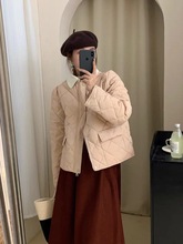 韓國2023新款羽絨服女設計感泡泡袖翻領撞色短款小個子小香風外套
