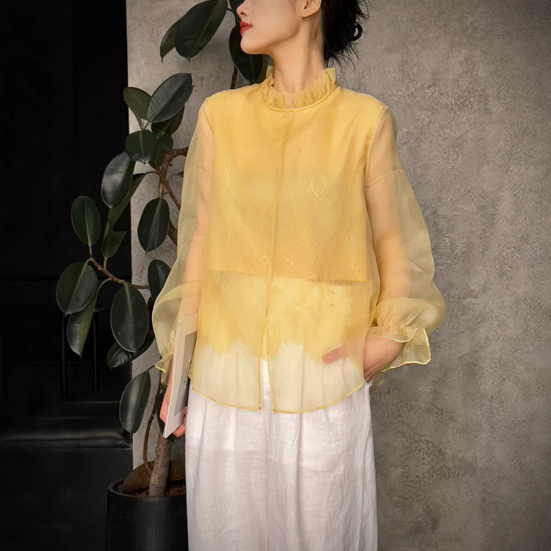 Nanyou 2026 New Style Ethereal and Elegant Exquisite Lace Flowy Blouse for Women, Light Luxury French Style Shirt with Bell Sleeves