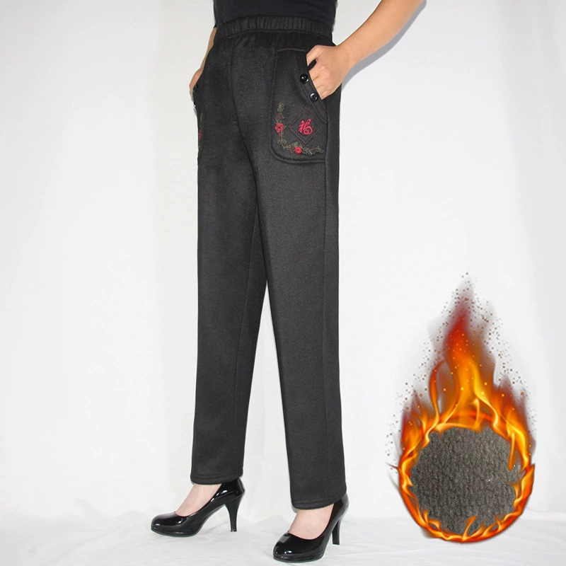 Женские резинки среднего и пожилого возраста плюс бархатный толстый большой размер талии осенние и зимние прямые брюки мама вышитые пожилые брюки