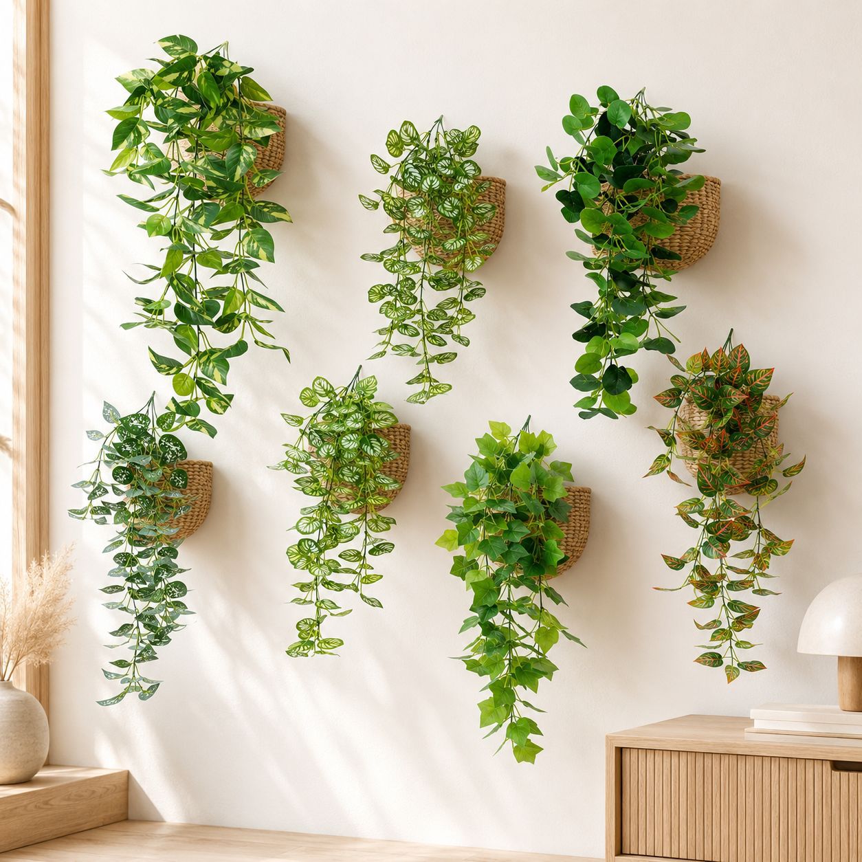 5 horquilla colgante de pegamento colgante de pared de plantas de simulación 7 horquilla pequeño haz de papas verdes hojas de papas decoración de pared interior colgante verde falsa