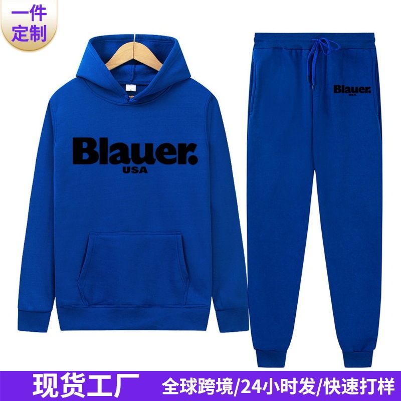 Cross-Border European and American Blauer Letter Hoodie Sweatpants Suit Loose Fleece Autumn and Winter Sports Simple Pullover Top