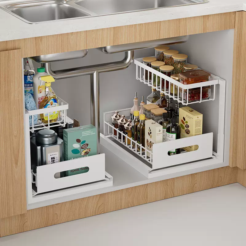 跨境厨房抽拉式置物架橱柜下水槽储物收纳架台面调料架拉篮收纳架