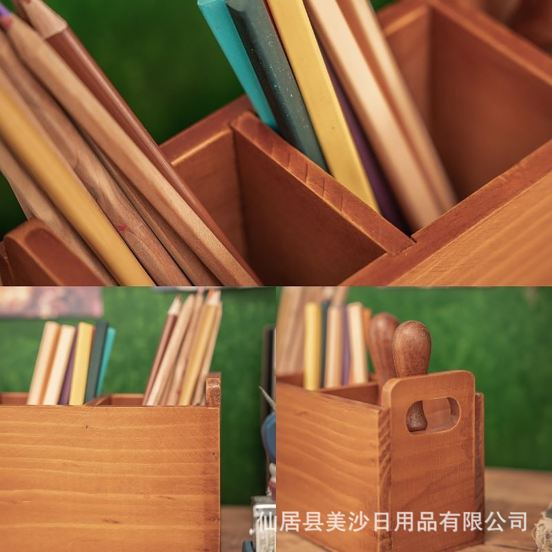 木质分格化妆刷收纳盒书桌铅笔蜡笔整理办公桌面文具可手提置物架|undefined