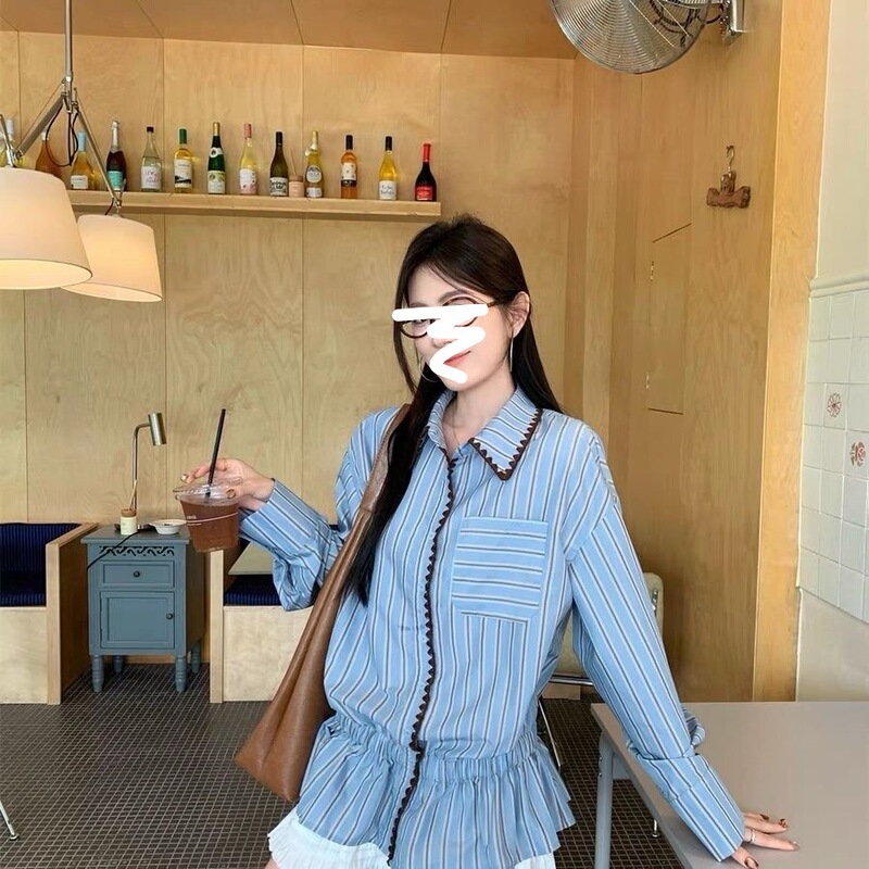 2025新款设计感撞色条纹长袖衬衫女装秋季小众休闲宽松POLO领上衣|undefined