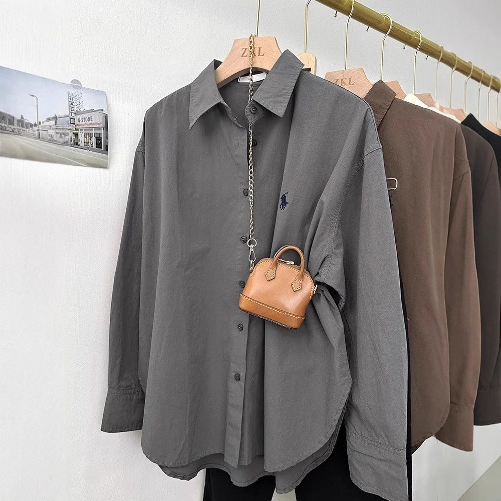 Pony Embroidered Shirt for Women, Loose Korean Style Simple High-End Design Commuter Shirt, Fashionable Casual Long-Sleeved Top