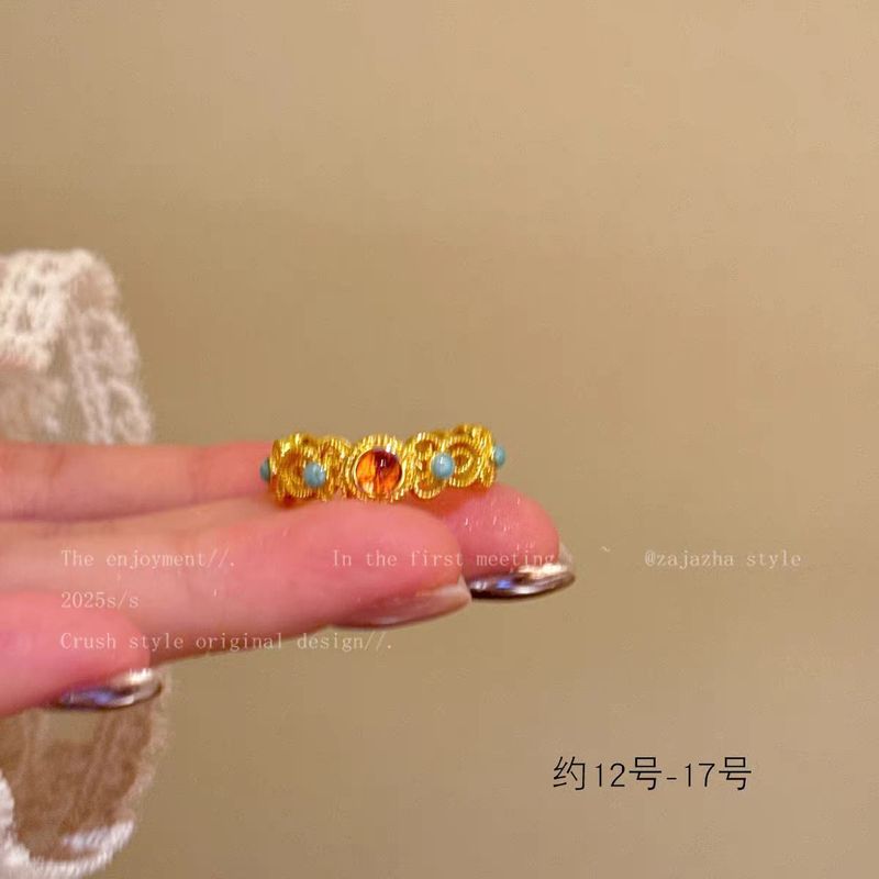 新中式金色镂空花朵戒指女简约气质轻奢高级感食指戒复古叠戴指环|undefined