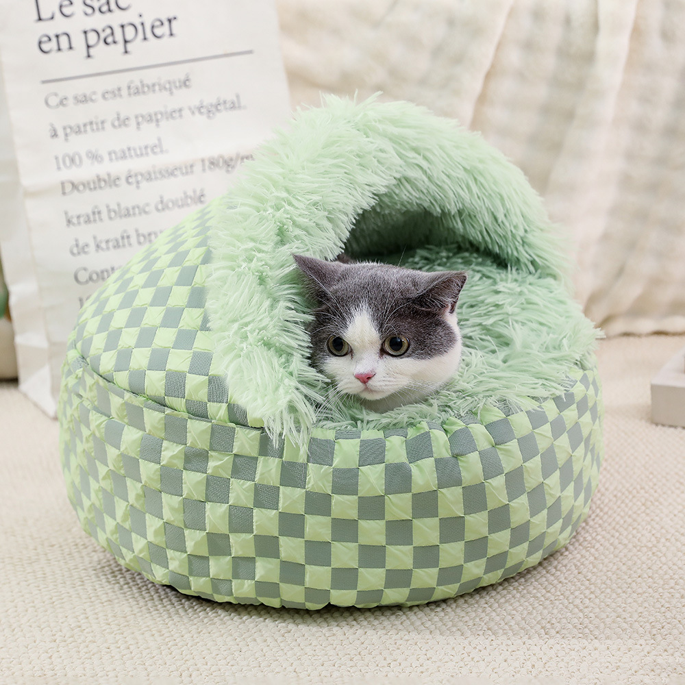 Cálido invierno nido para mascotas concha nido para gatos semicerrado nido de algodón de felpa engrosado caseta para perros semicerrada cama para perros