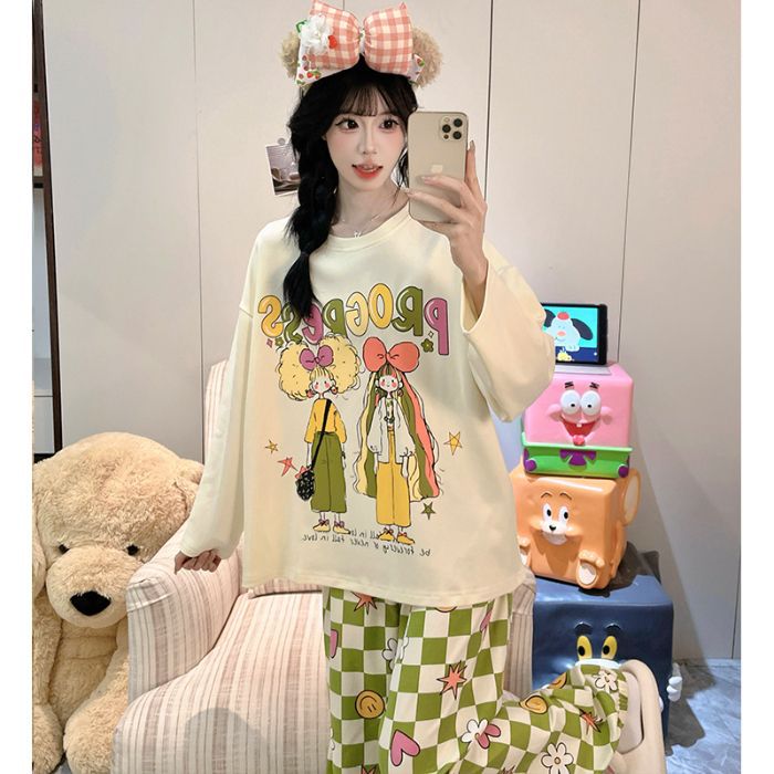 Al por mayor transfronterizo otoño nuevo pegamento de algodón de manga larga de cuello redondo pijama de mujer dibujos animados dulce ropa de estilo doméstico se puede usar