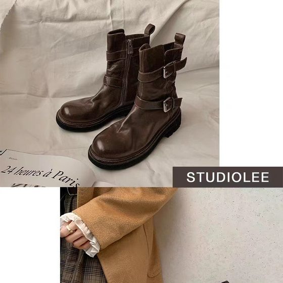 Grape mom's same style popular popular washed shrink horse leather round toe thick bottom thin short boots for women Knight boots autumn and winter