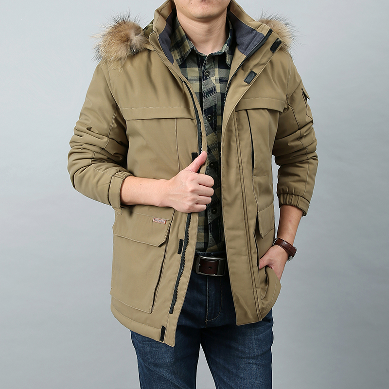 Transfronterizo especial para el otoño y el invierno de los hombres de algodón acolchado Abrigo con capucha de longitud media de negocios herramientas de lana forrada engrosada con cuello de piel