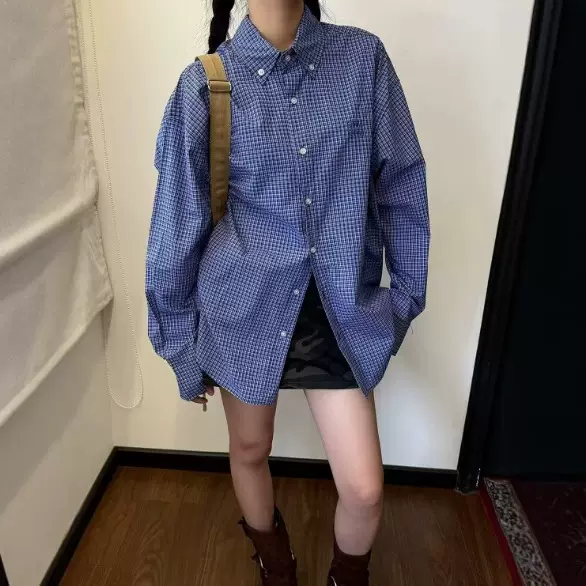 百搭蓝色潮2025休闲衬衣宽松新款复古慵懒格子现货美式长袖衬衫男