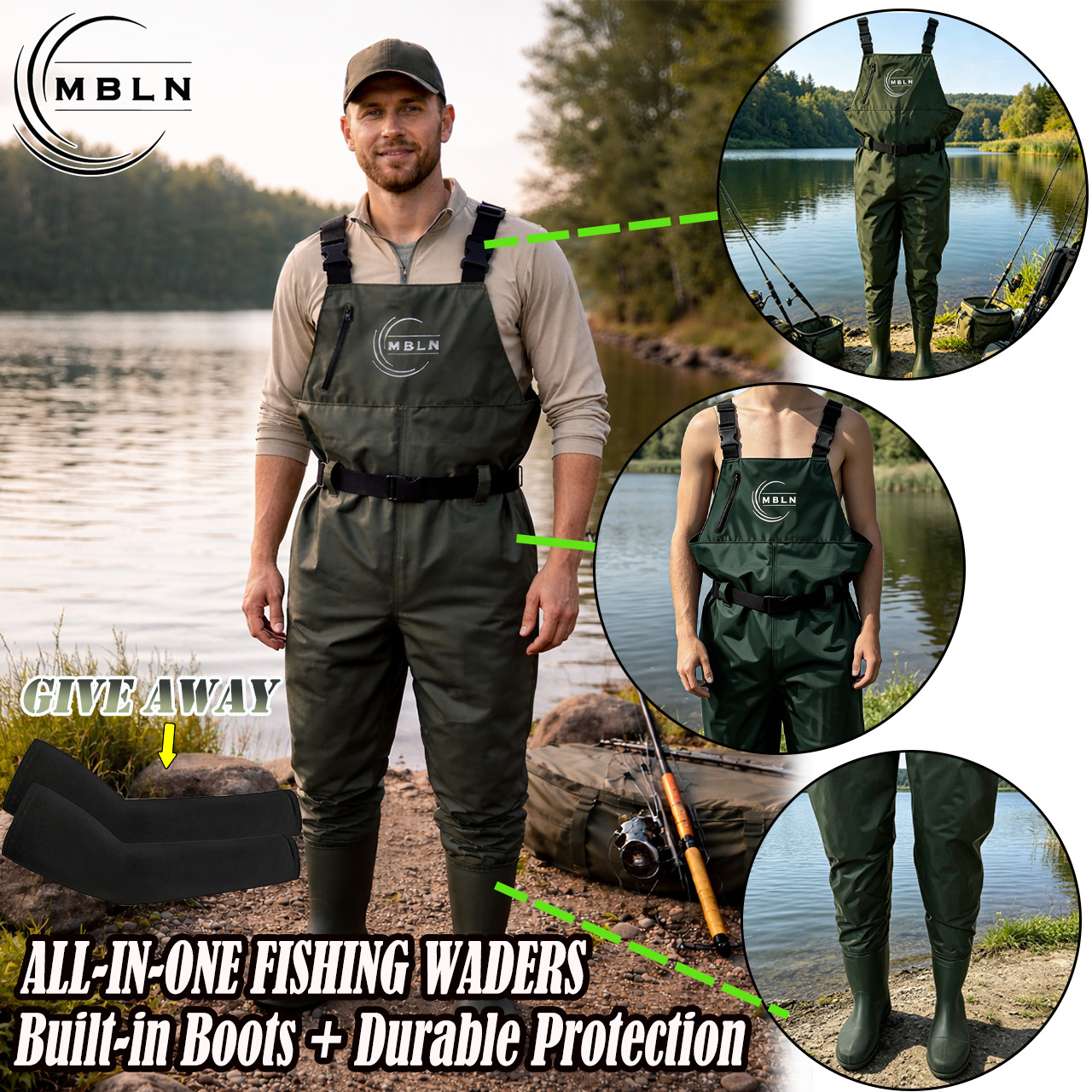 1 piece of MBLN brand fishing wading pants paired with ice sleeve set, breathable wading pants