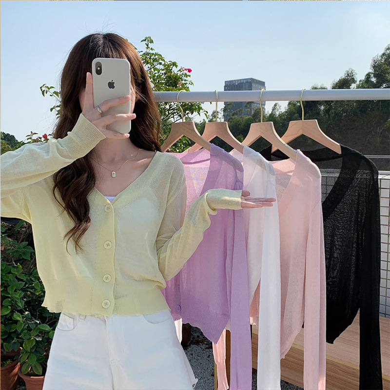 Spring and summer women's clothing new Japanese sweet hot girl micro transparent sunscreen ice silk knitted cardigan short long sleeve air conditioning blouse