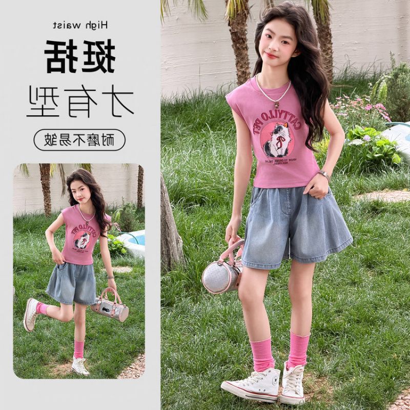 Zhili children's clothing, tops and shorts, American denim, versatile, loose fit, slim fit, printed pink, everyday sleeveless, washed and refreshing.