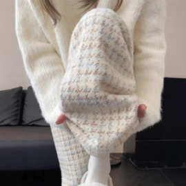 批发新款千鸟格绒绒阔腿裤女小个子裤子糯米裤高腰宽松显瘦直筒裤