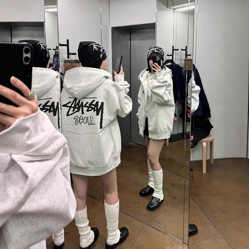 City Limited Seoul Autumn and Winter American Zipper Cardigan Hooded Sweatshirt Men's and Women's Trendy Brand Loose Hoodie Top Stu