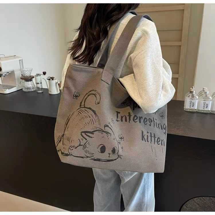Cartoon Canvas Bag Student Class Canvas 2025 New Casual All-match Shoulder Bag Large Capacity Commuter Tote Bag