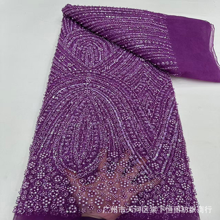 粉色新款礼服连衣裙珠绣婚纱面料时尚珠管绣珠子绣花布亮片布珠绣