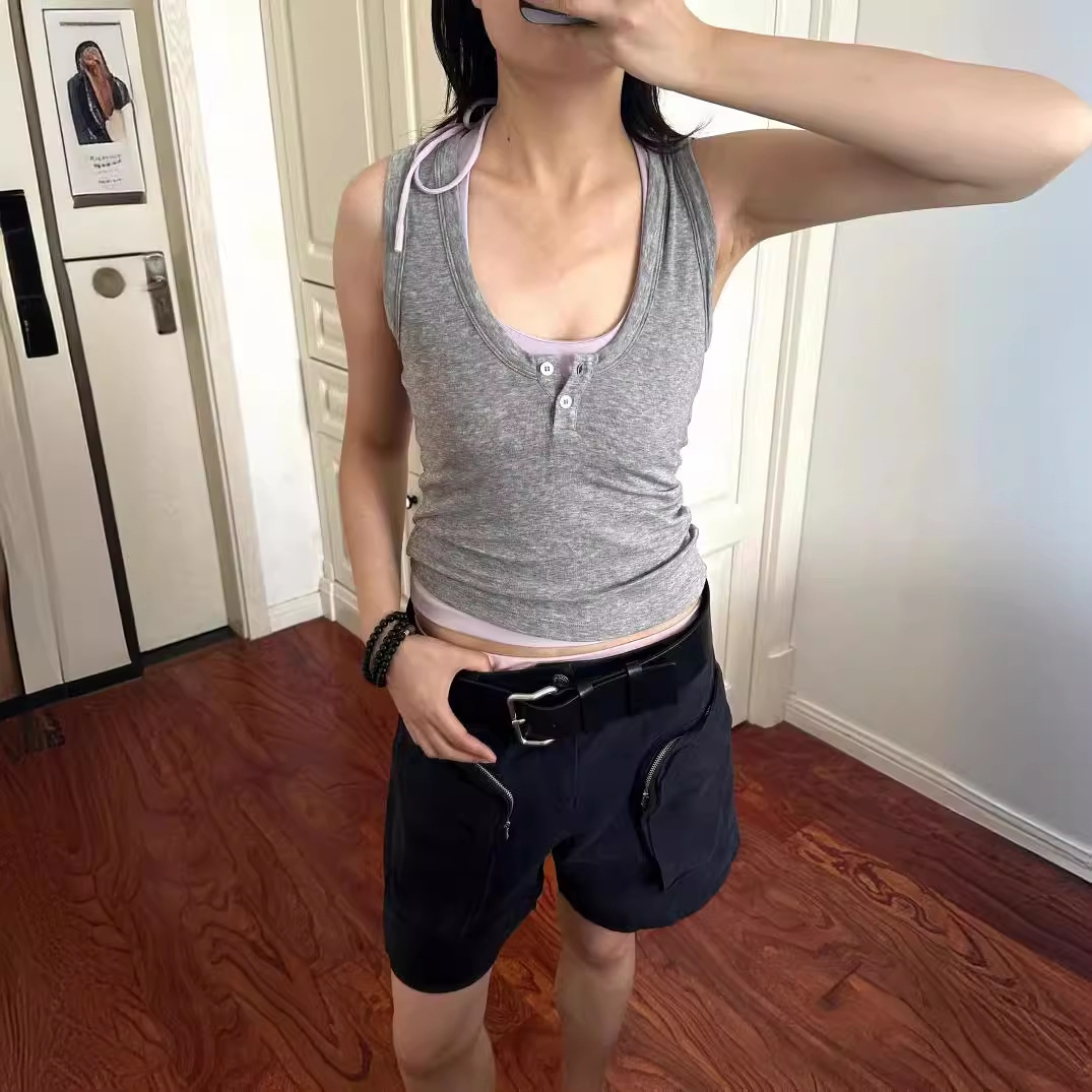 in stock Slim-Fit Slimming Two-Button Tencel Wool Knitted U-Neck Vest Top Black/Grey/Navy Blue