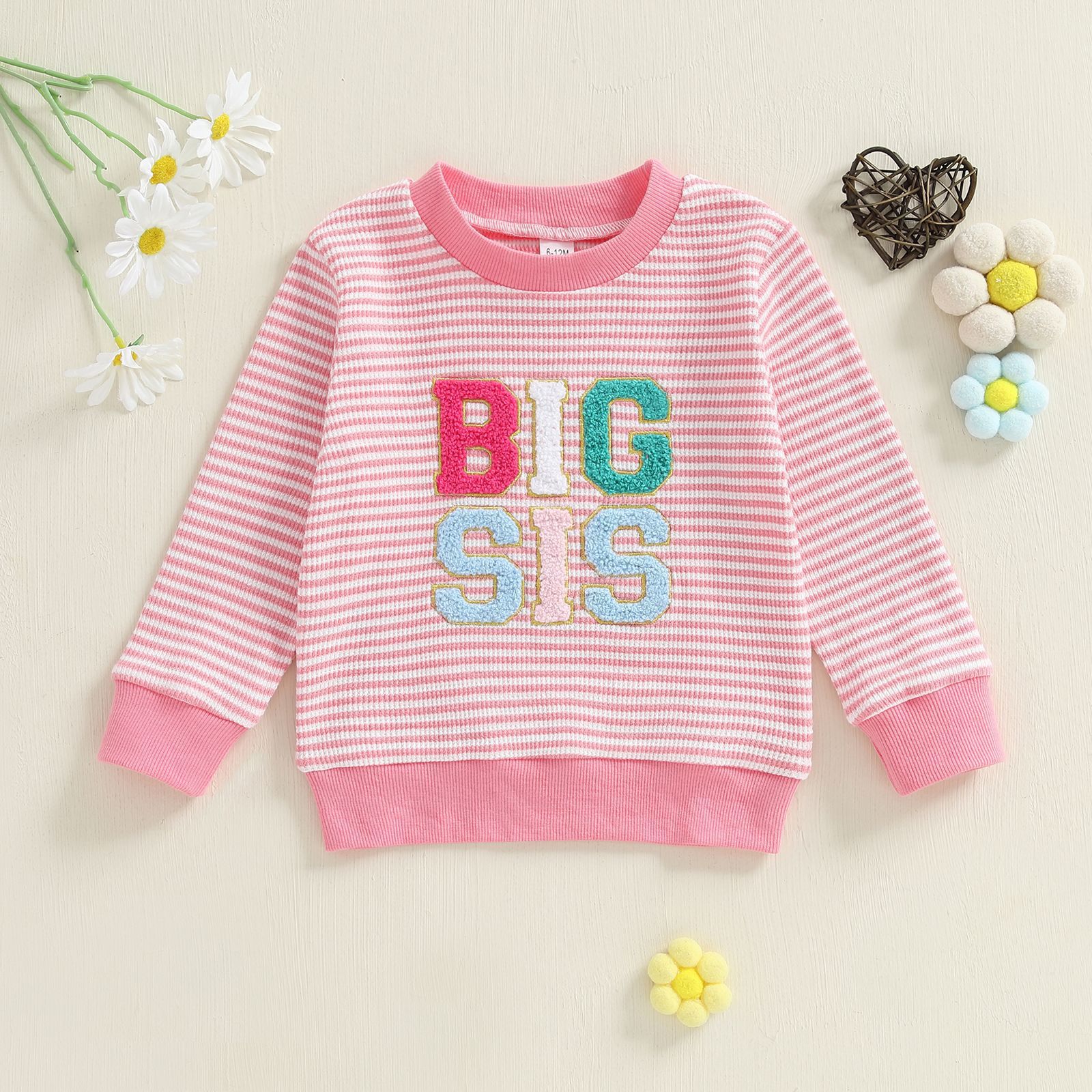 Combinaison-sweat à rayures gaufrées pour bébé fille (0-3 ans), avec broderie et inscription. Tenue d'automne style sœur._voghion.com