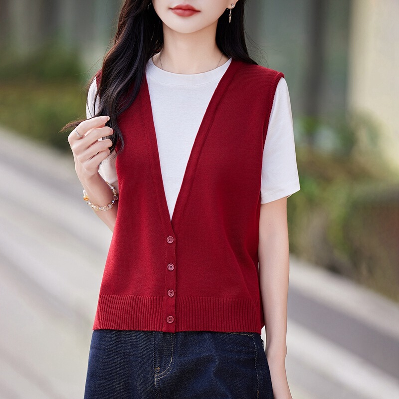 Fine-Spun Wool Color-Blocked Faux Two-Piece V-Neck Knitted Vest Women's Short-Sleeve T-Shirt Layered Vest Women's Vest Top