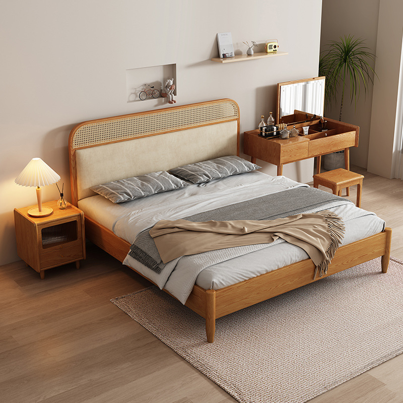 Cama de ratán nórdico cama de madera maciza 1,8 m bolsa suave estilo silencioso madera de Fresno dormitorio principal pequeño apartamento moderno simple cama de madera maciza