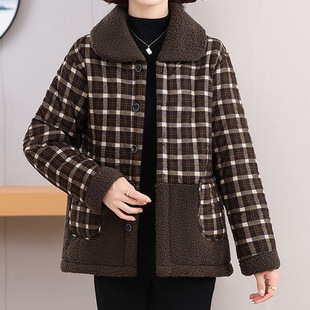 Mother's Winter Coat Middle-aged and Elderly People's fleece-lined Plaid Thickened Women's Fashion Cotton Coat Cotton Coat Fashion Small Cotton Coat